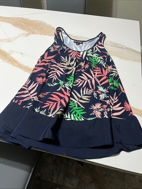 Xhilaration Navy Tropical Leaf Ruffle Hem Tank